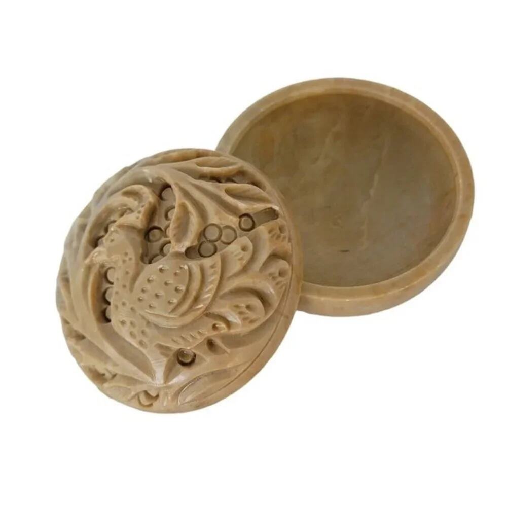 Vintage Hand Carved Soapstone Trinket Box Round Small Bird Carving Boho Deco Box